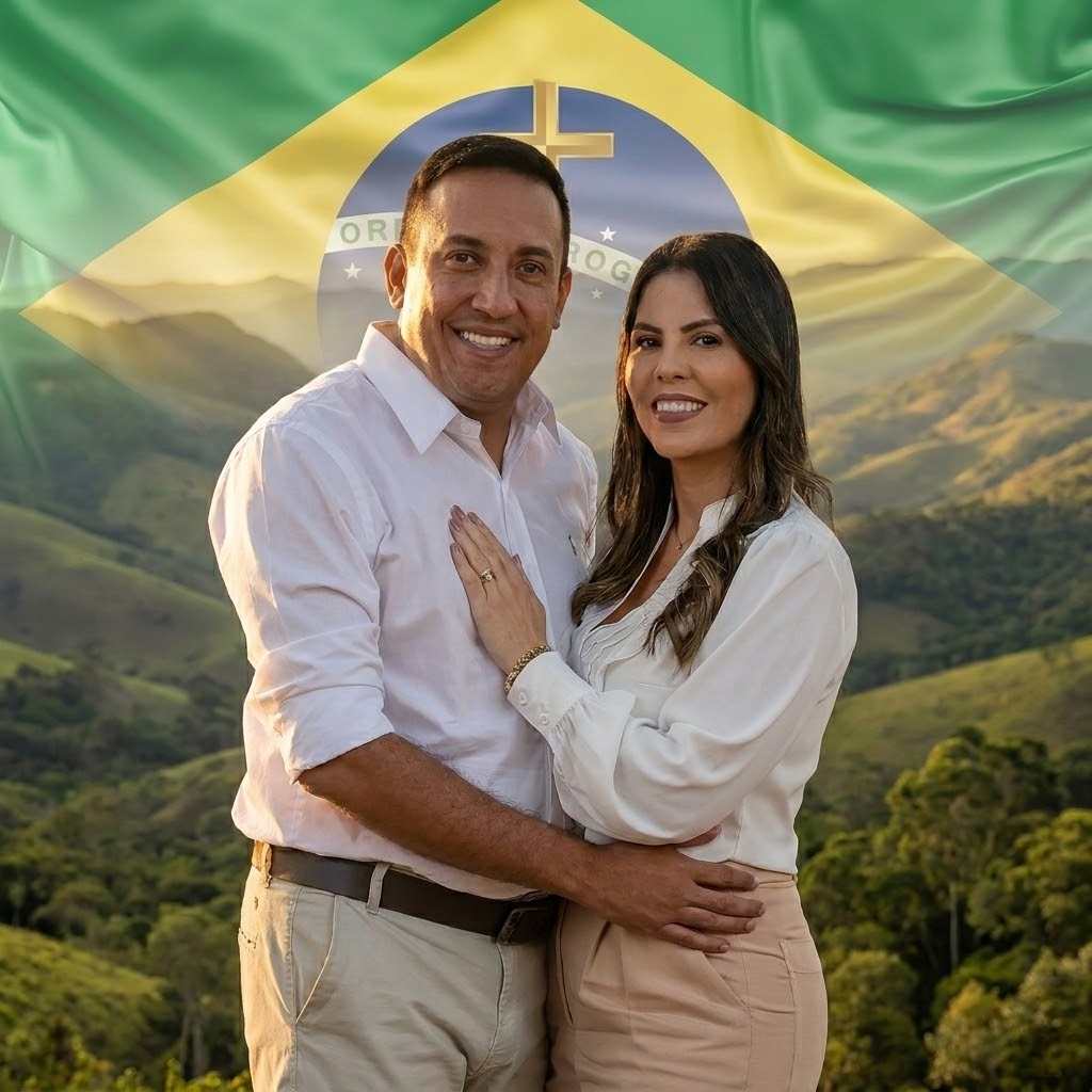 Rodrigo Nicolau ao lado da esposa com a bandeira do Brasil ao fundo